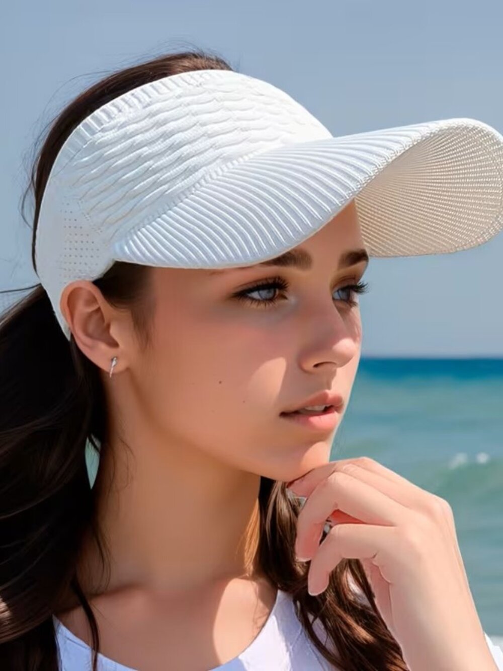White Women Sun Visor Hat Wide Brim Ponytail Beach Golf Tennis Outdoor Cap